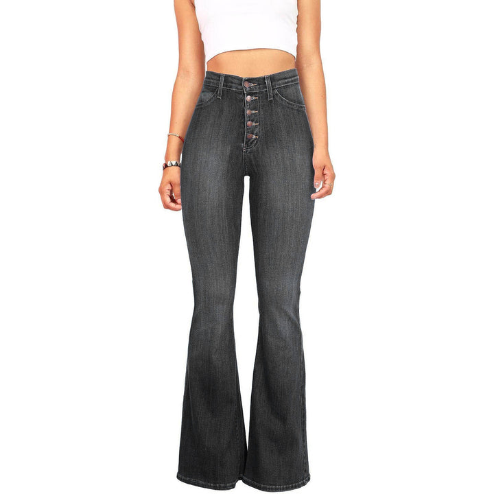 Women High-Waist Flared Jeans with decorative button details and elastic waistband Lune London