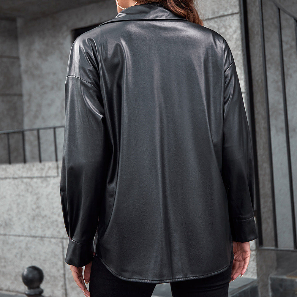 Oversized shirt for women with contrasting leather sleeves and a plaid pattern Lune London