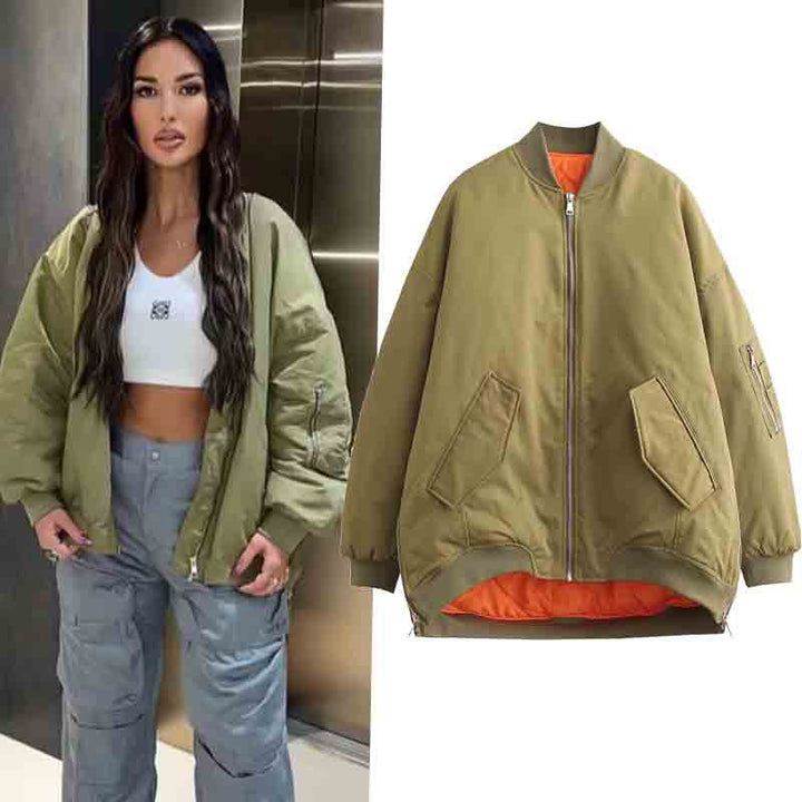 Fashionable oversized bomber jacket for women with functional pockets and sporty design Lune London