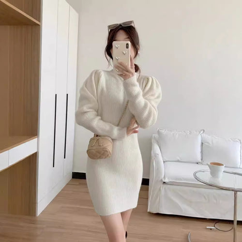 Elegant knitted dress for women with a fitted silhouette and puff sleeves Lune London