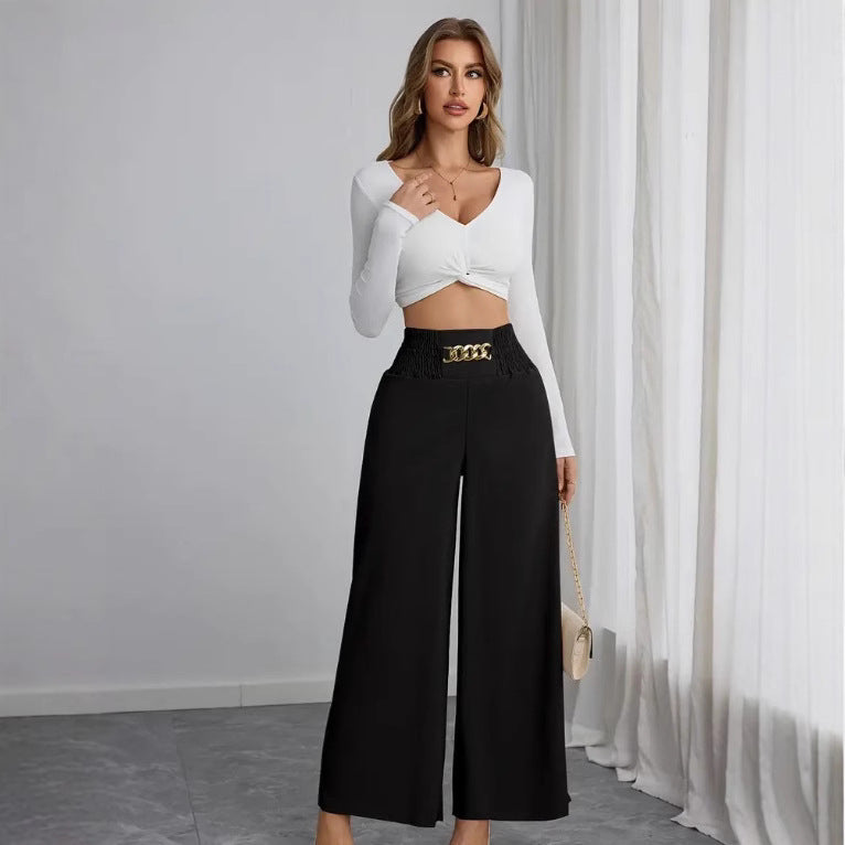 Wide palazzo trousers for women with elastic waistband and decorative belt Lune London