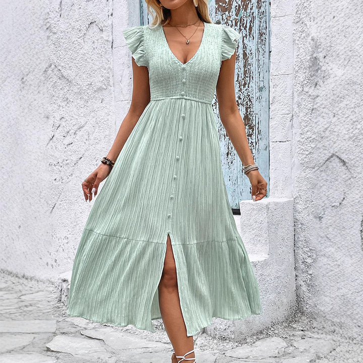 Fluid mid-length dress with V-neckline for women with ruffled hems Lune London