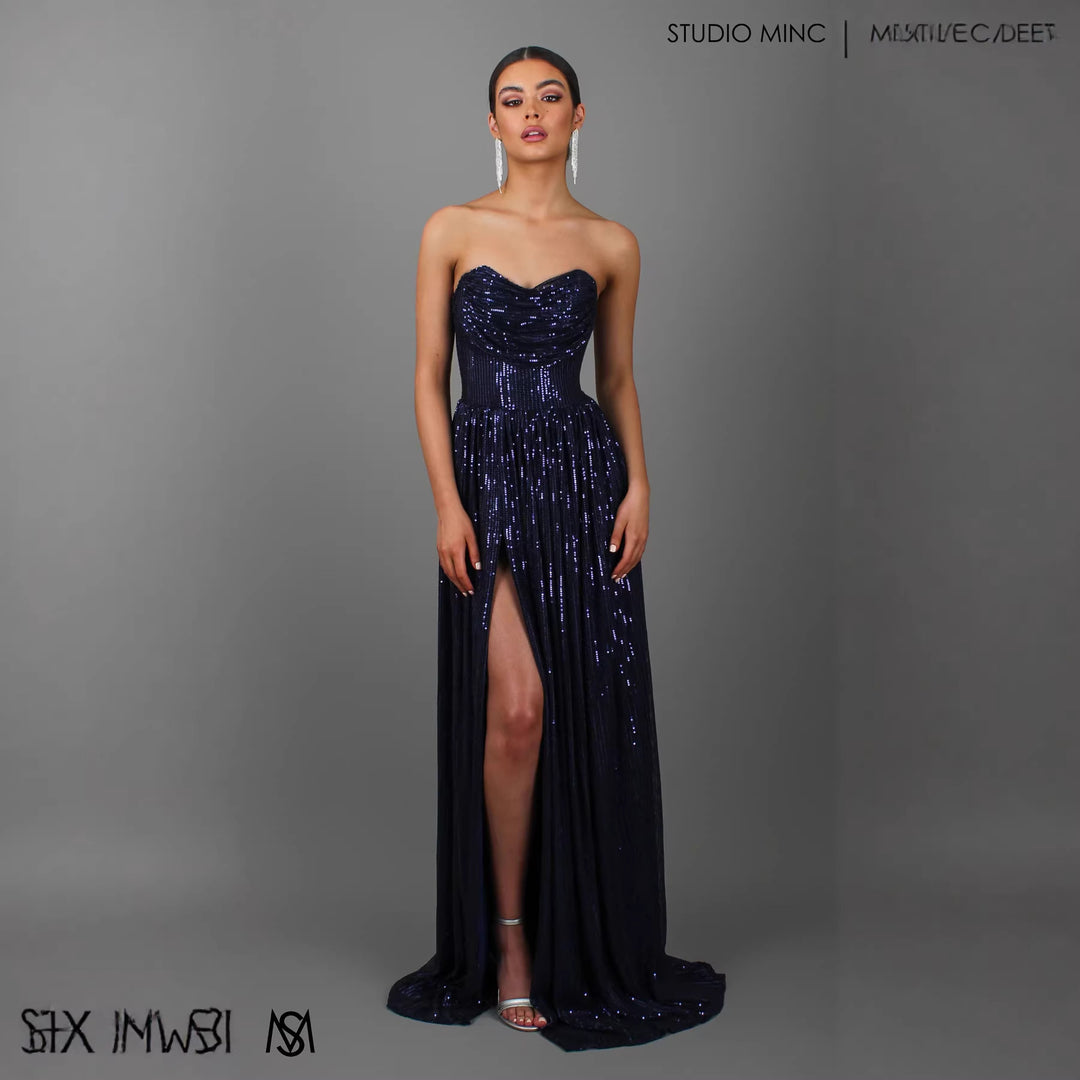 Women Glittering and Strapless Evening Dress with Deep Slit