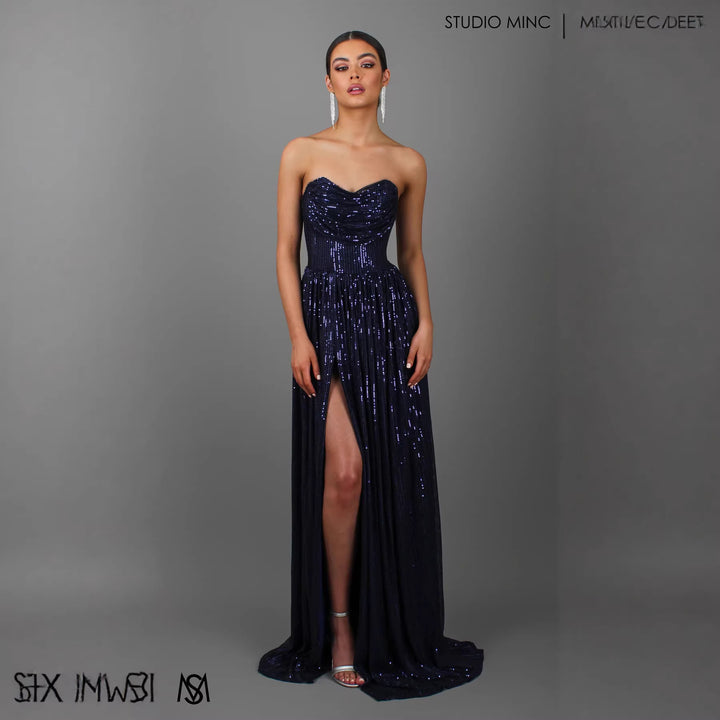 Women Glittering and Strapless Evening Dress with Deep Slit