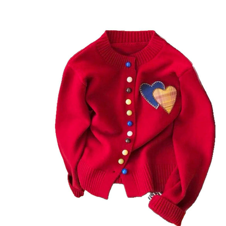Cardigan for women with heart-shaped appliqués and colorful button details Lune London