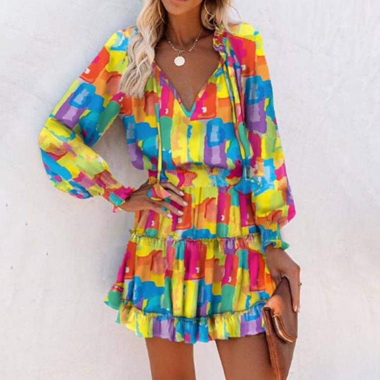 Ladies mini playful dress with colorful pattern and flounced details Lune London