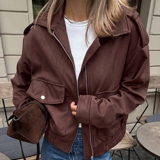 Women's nubuck jacket with early design featuring practical pockets Lune London