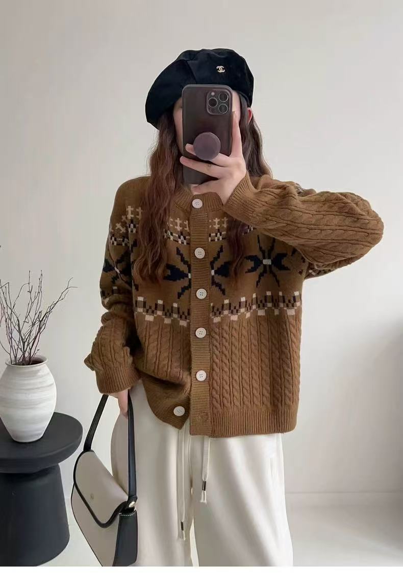 Chunky knit cardigan for women with decorative cable pattern and button details Lune London
