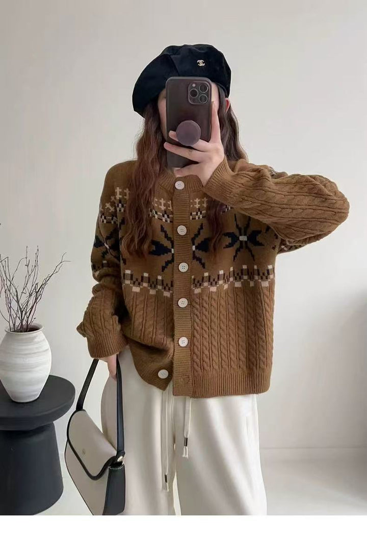 Chunky knit cardigan for women with decorative cable pattern and button details Lune London
