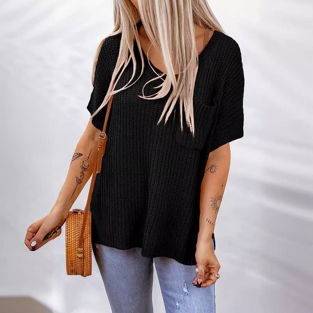 Pull en tricot décontracté pour femmes avec col en V et poches Chic & Stil