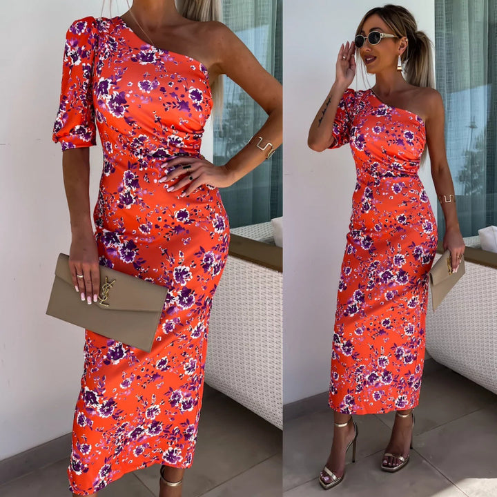 One-Shoulder Maxi Dress for Women with Ruffle Detail on the Sleeve Lune London
