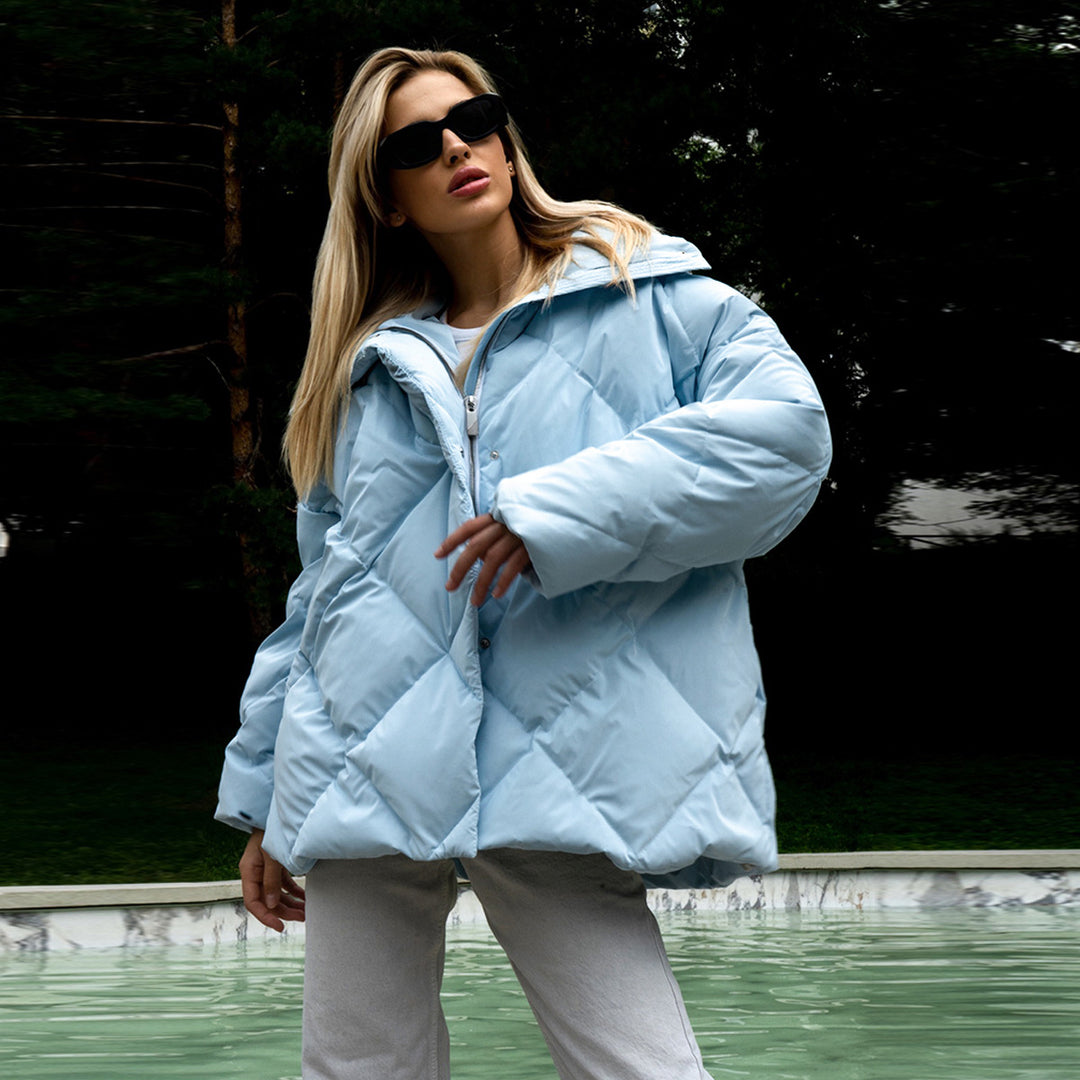 Ladies padded quilted jacket with high collar and practical pockets Lune London