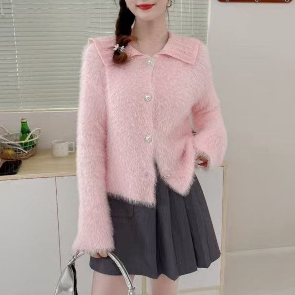 Ladies Plush Knit Jacket with Decorative Collar Lune London