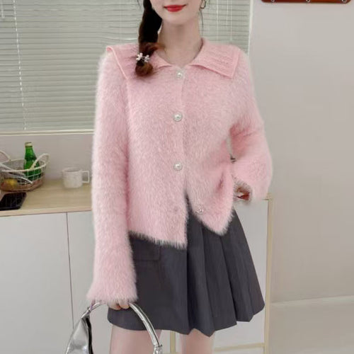 Ladies Plush Knit Jacket with Decorative Collar Lune London