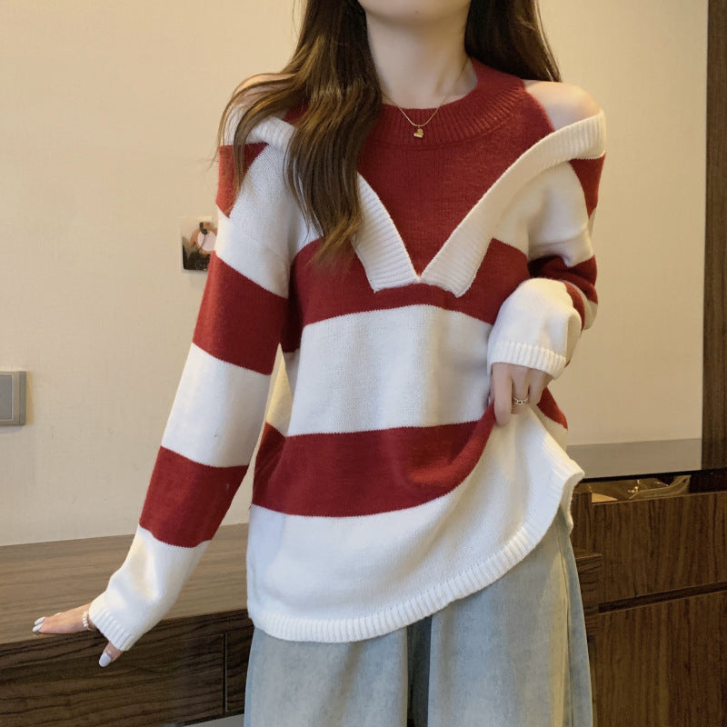 Ladies Oversized V-neck Pullover with trendy striped pattern and open shoulder design Lune London
