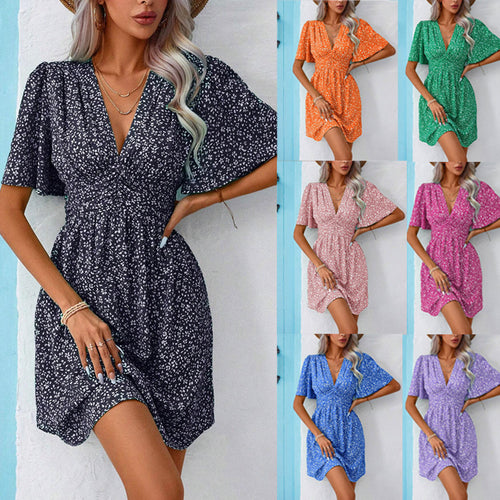 V-neck dress with snowflake pattern for women with puff sleeves and elastic belt Lune London