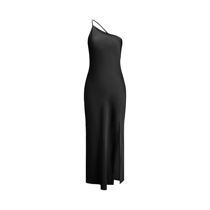 Maxi dress for ladies with asymmetric neckline and high slit Lune London