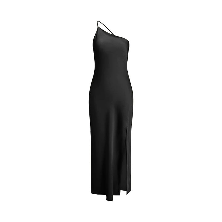 Maxi dress for ladies with asymmetric neckline and high slit Lune London