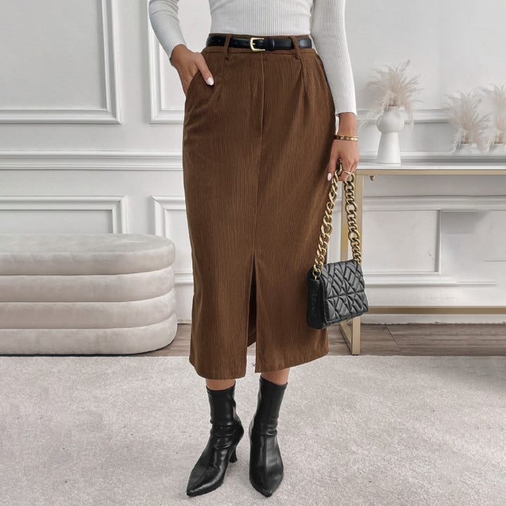 Lune London women's ribbed midi skirt with front slit