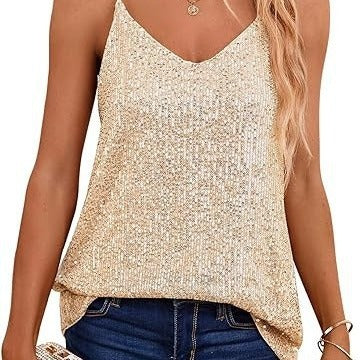Women's Sparkling Spaghetti Strap Top with V-Neck and Shimmering Details Lune London