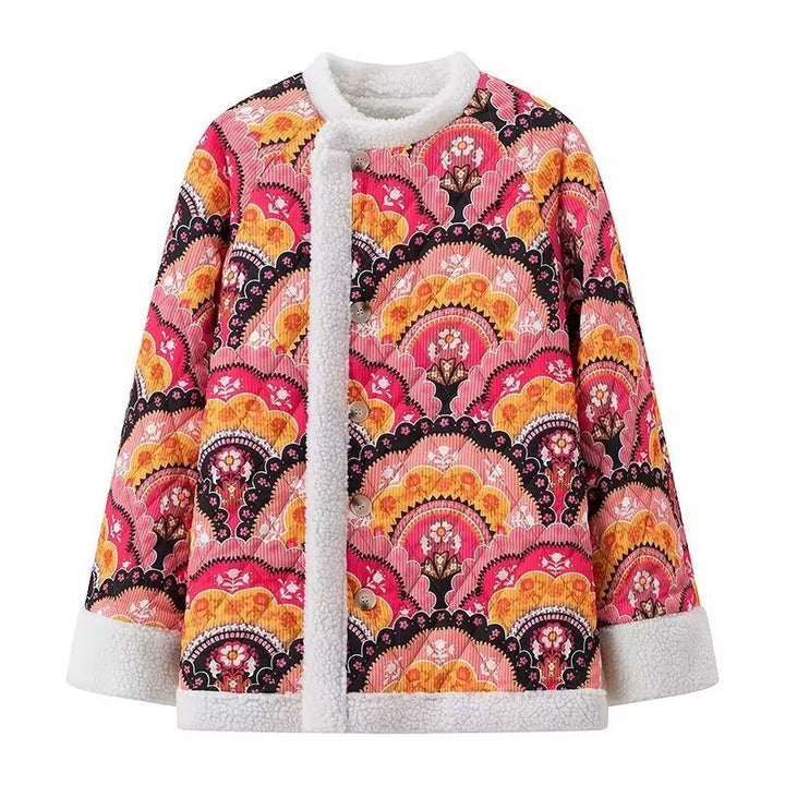 Quilted women's jacket with floral fleece lining and stylish button closure Lune London