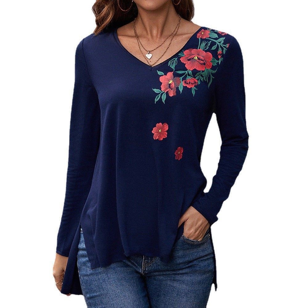 Long sleeve women's t-shirt with floral print and V-neck Lune London