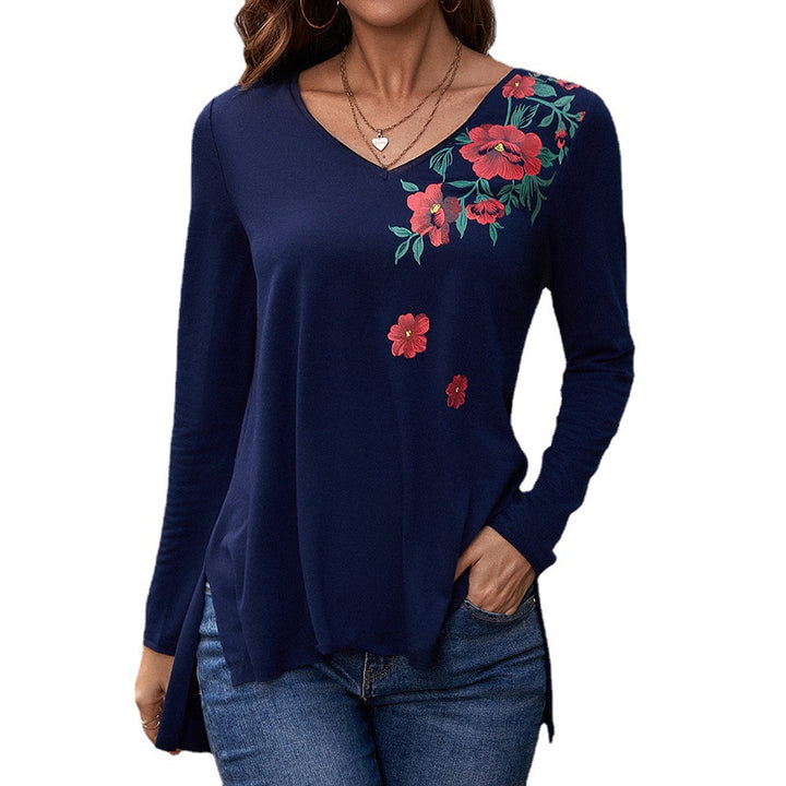 Long sleeve women's t-shirt with floral print and V-neck Lune London