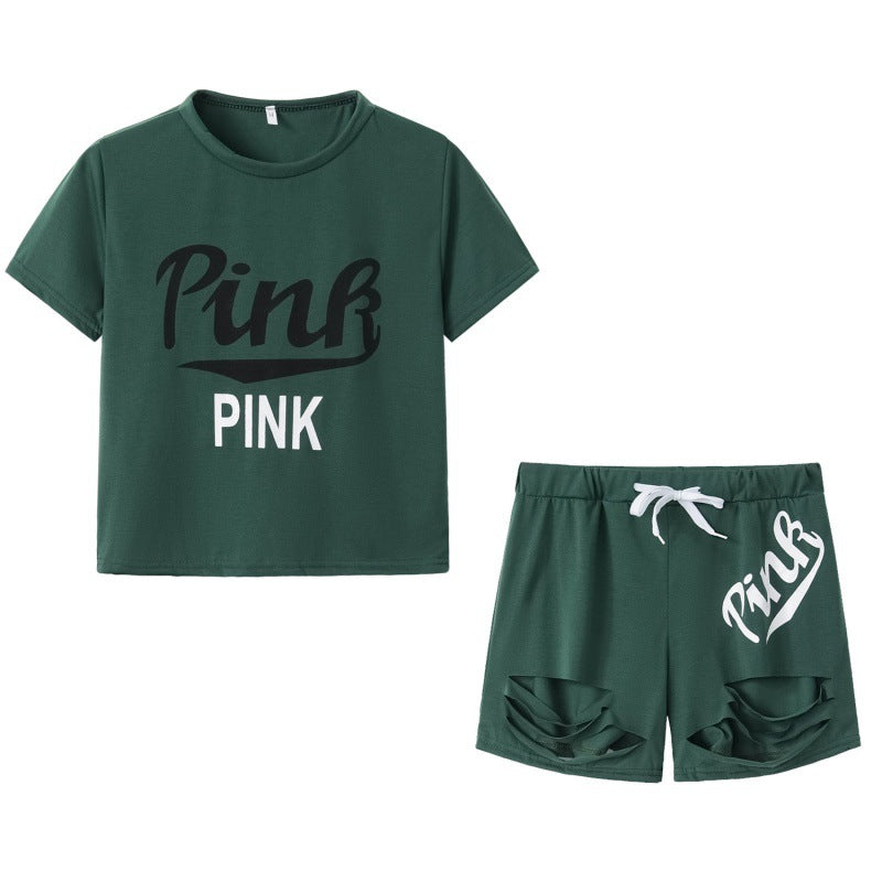 Ensemble t-shirt et short pour femmes sportif avec coupe décontractée et imprimés contrastés Chic & Stil