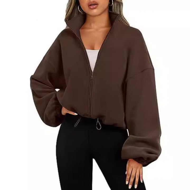 Trendy oversized zip-up pullover for ladies with high collar and drawstring Lune London