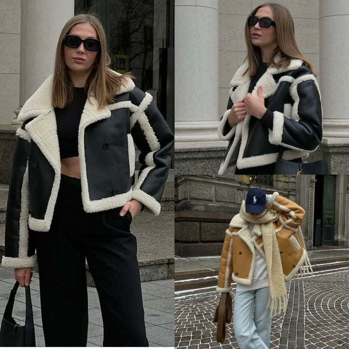 Casual faux leather jacket for women with teddy fur collar and double buttons Lune London
