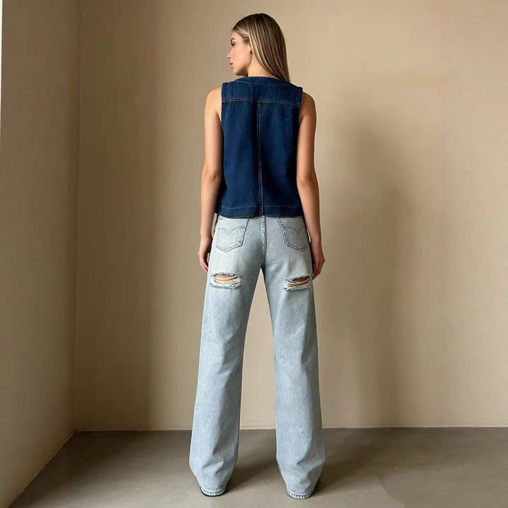 Women's Casual Denim Vest with Button Details and Patch Pockets Lune London