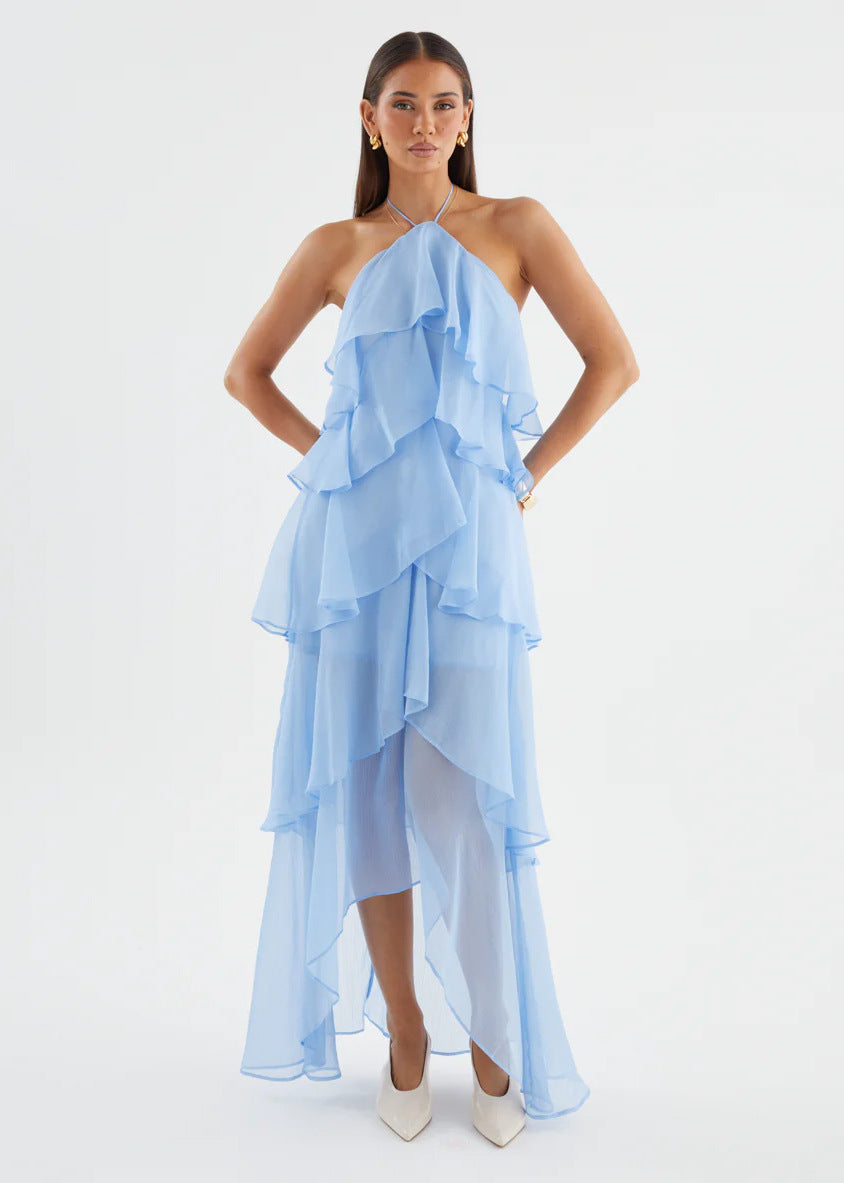 Chic & Stil Women's Airy Maxi Dress with Flowing Ruffles and Chic Halter Neck