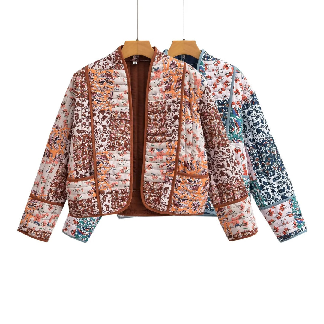 Fashion quilted jacket for women with a colorful floral patchwork design Lune London