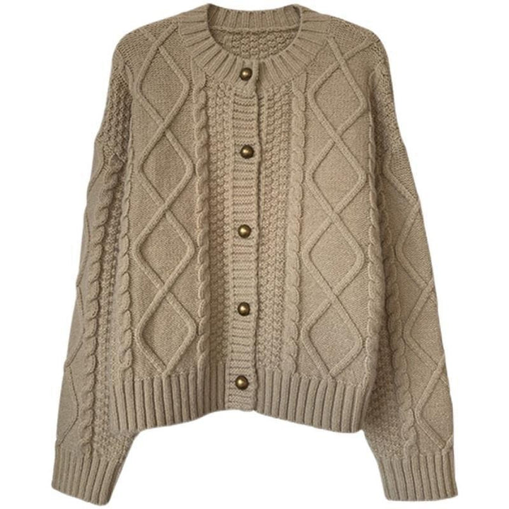 Thick knitted cardigan for women with button details and cable knit pattern Lune London