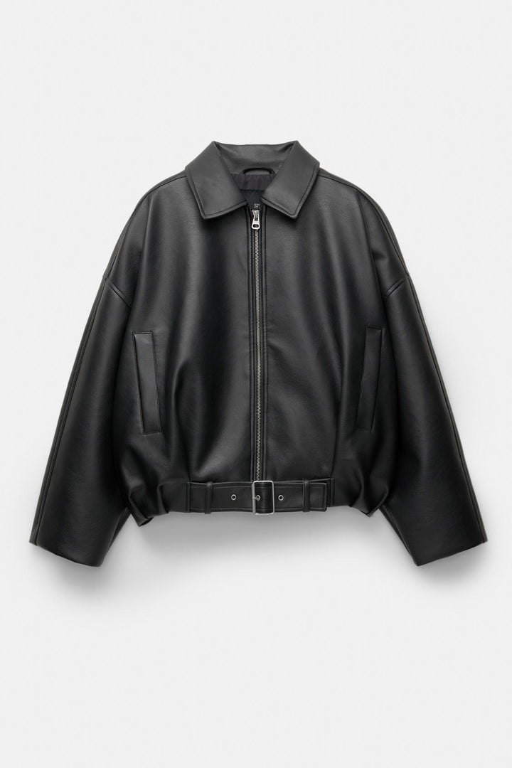 Casual faux leather jacket for women with wide collar and belt Lune London