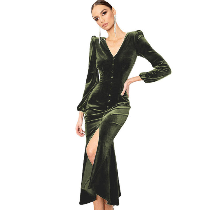 Maxi velvet dress for women with deep V-neckline and button details Lune London