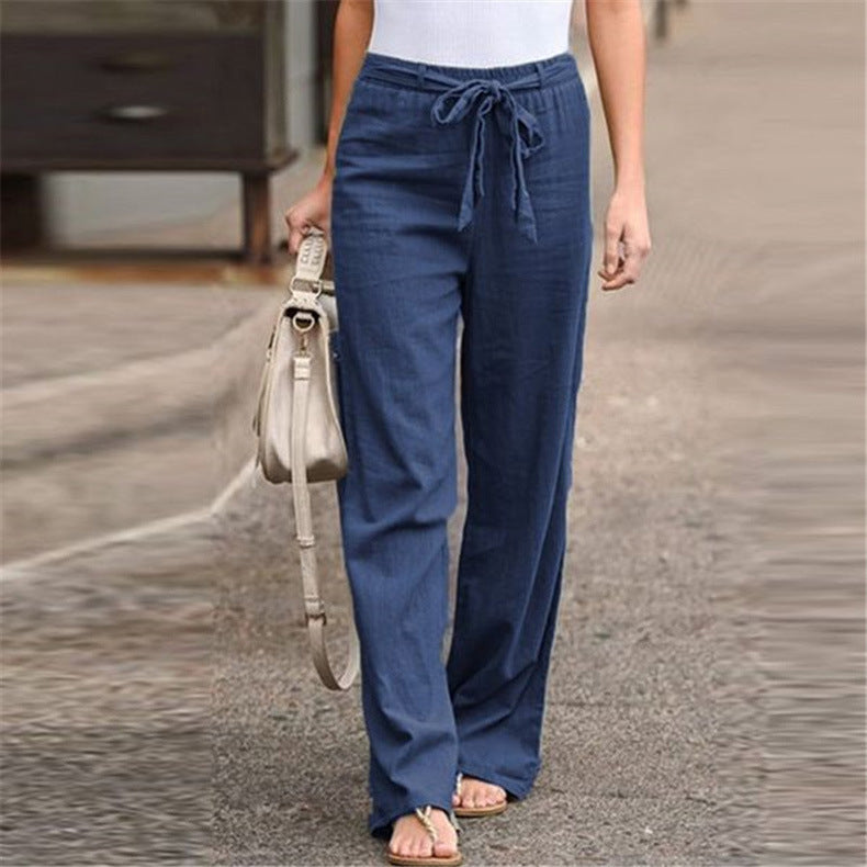 Linen pants for women with elastic waistband and tie belt Lune London