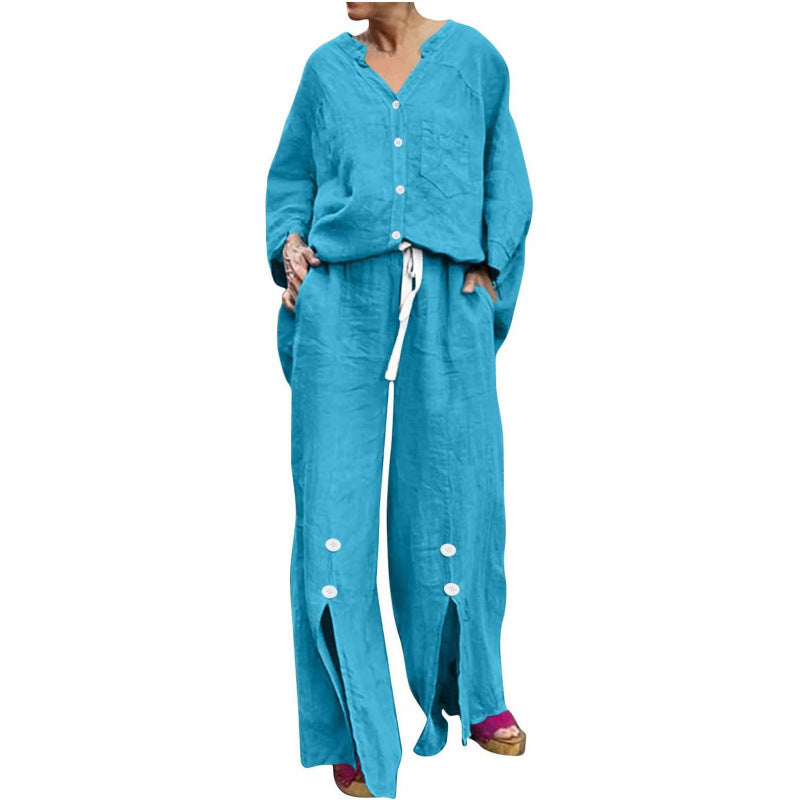 Women Casual Two-Piece Linen Set with Button Closure and Side Slits Lune London