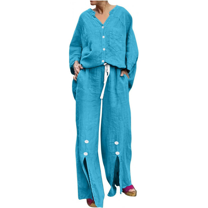 Women Casual Two-Piece Linen Set with Button Closure and Side Slits Lune London