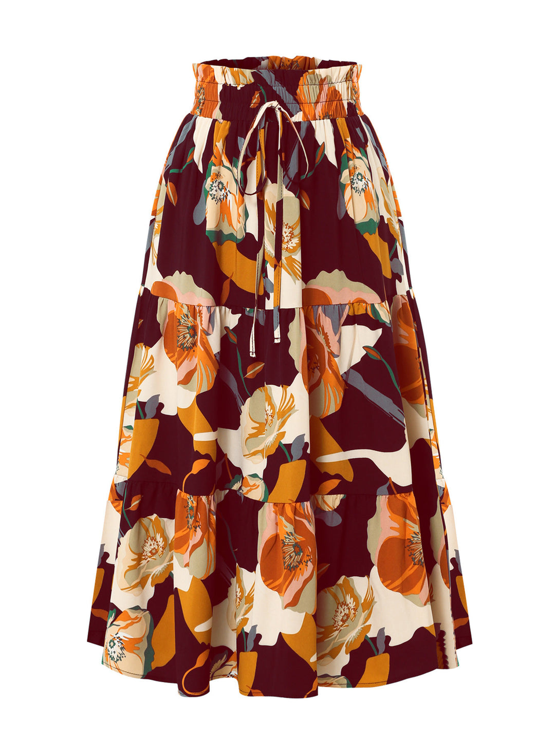 Maxi skirt for women with voluminous ruffles and a floral print Lune London