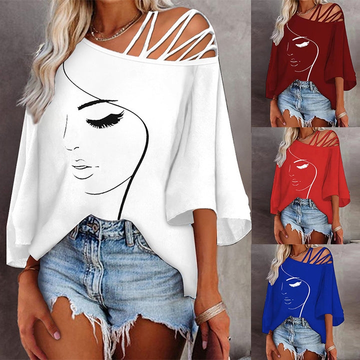 Women's tunic with asymmetric strap design and stylized face graphic Lune London