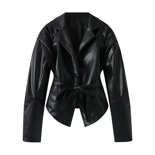Ladies elegant faux leather jacket with innovative belt Lune London