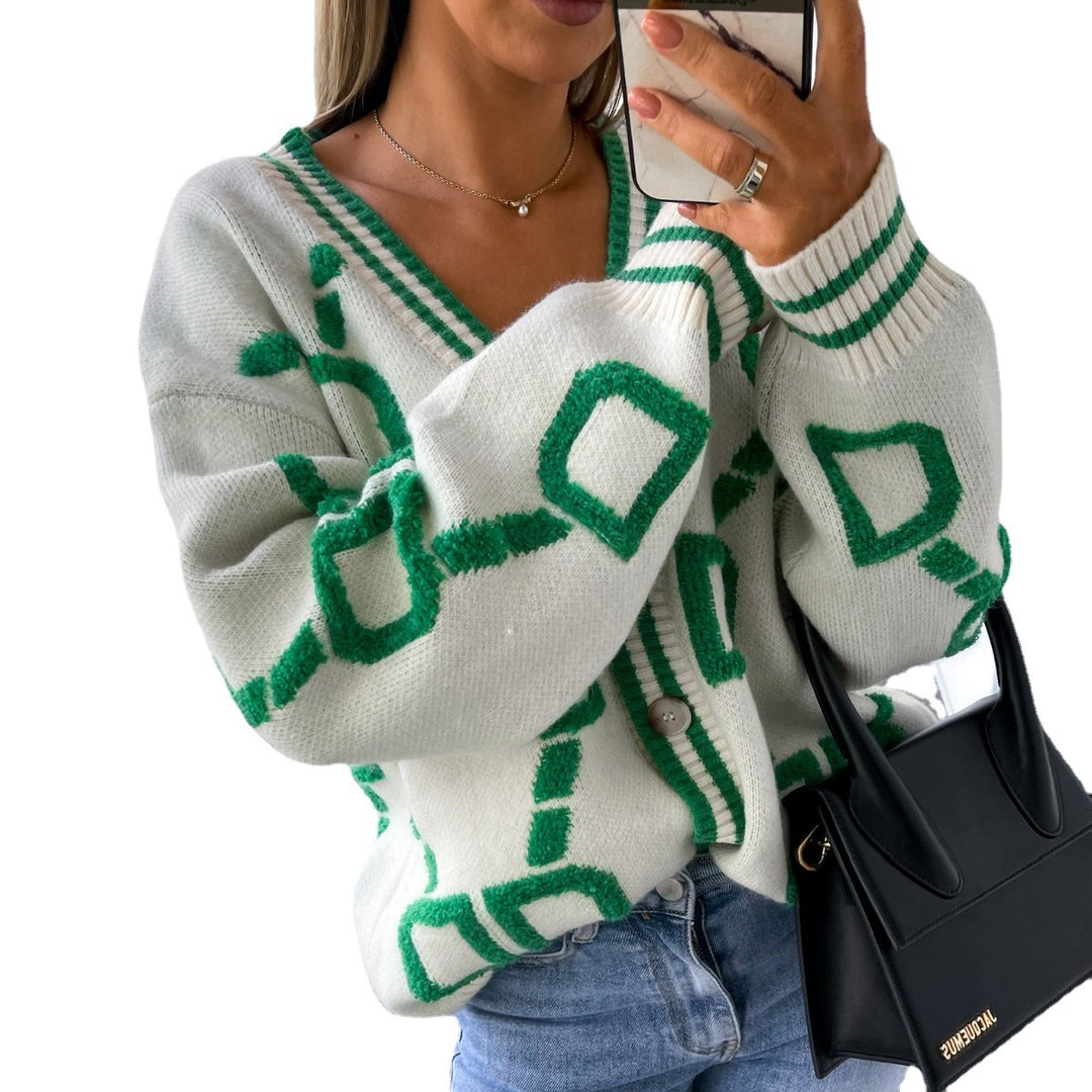 Ladies Big Knit Cardigan with geometric pattern and large buttons Lune London