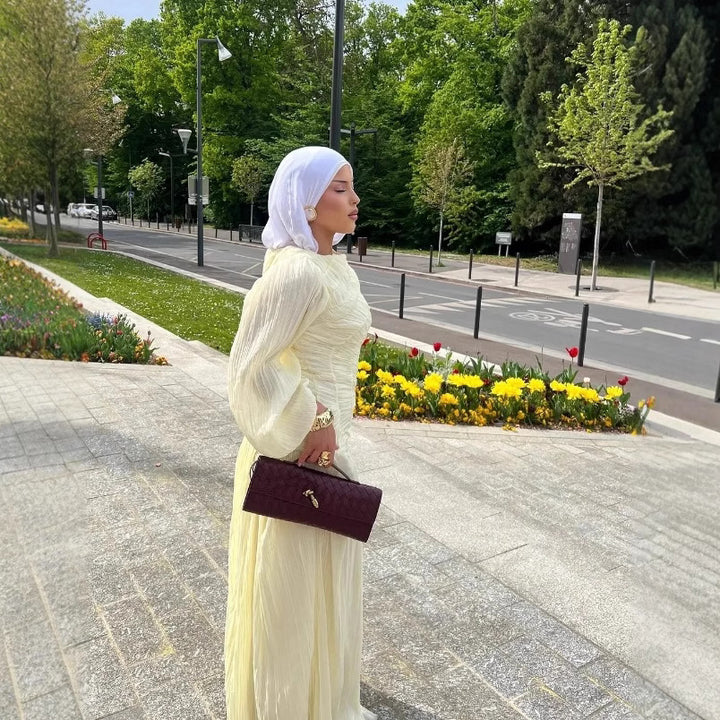 Maxi dress for women with refined pleats and elegant long sleeves Lune London