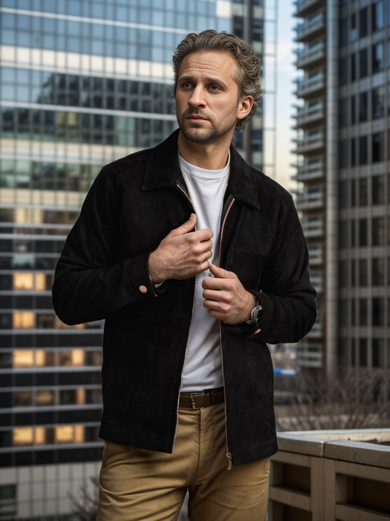 Men's suede jacket with high collar and practical chest pocket Lune London