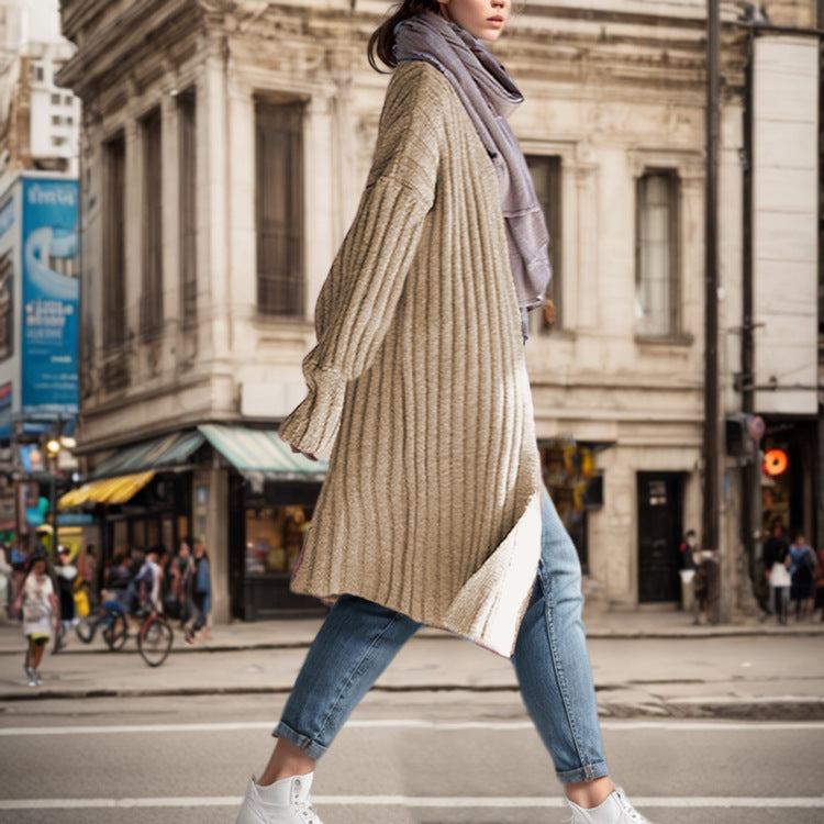 Ladies Long knit coat with elegant ribbed structures and a loose fit Chic and Still
