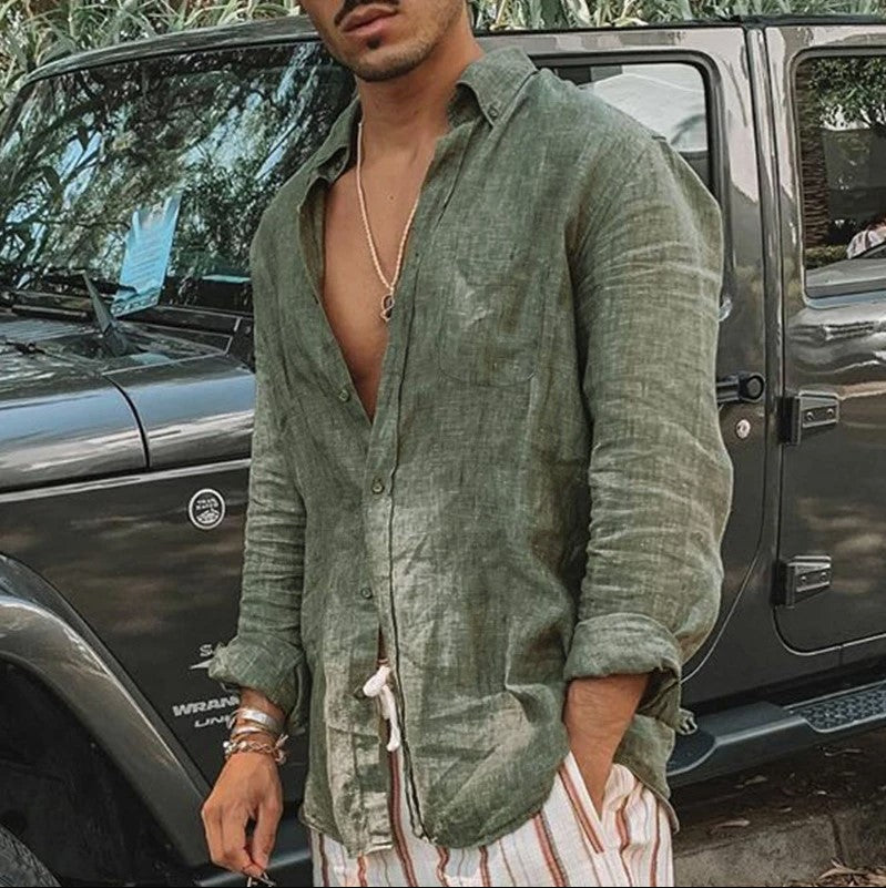 Light linen shirt for men with modern collar and casual chic design