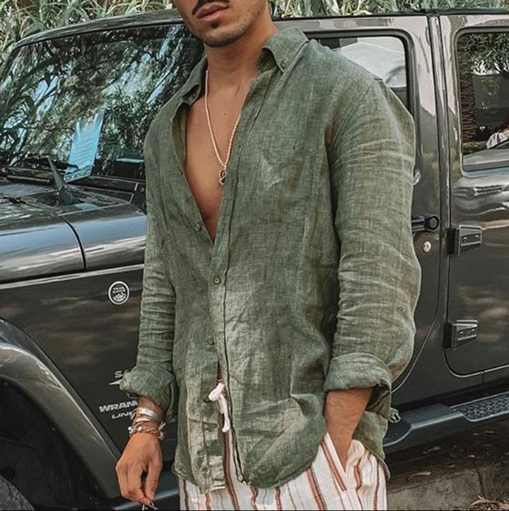 Light linen shirt for men with modern collar and casual chic design