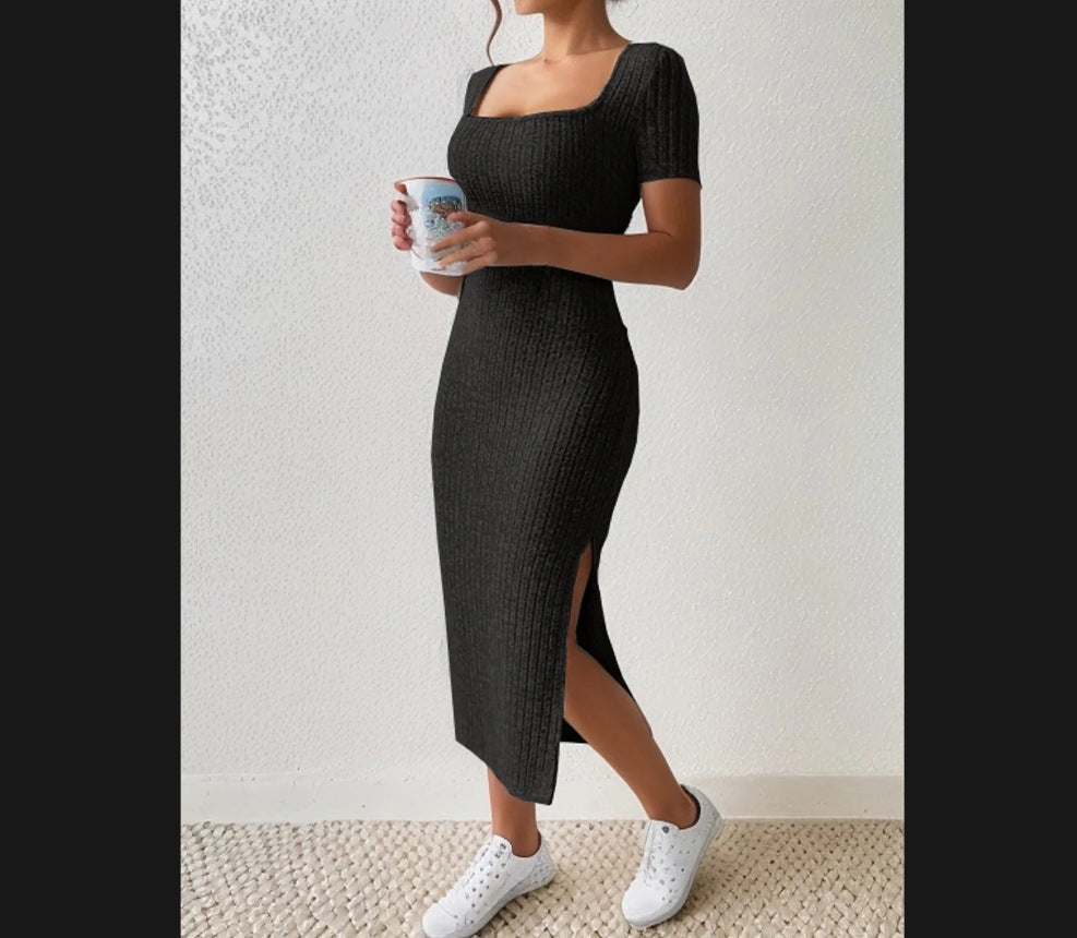 Lune London fitted maxi dress for women with side slits and stretchy material