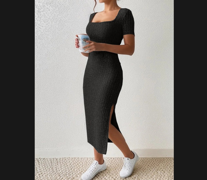 Lune London fitted maxi dress for women with side slits and stretchy material